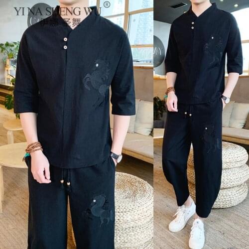 Japanese Style Suit High Quality Kimono Short-Sleeve T-Shirt Pants Men Tops Trousers Set Japan Harajuku Yukata Cardigan Costume