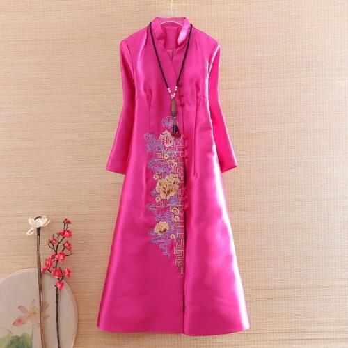 Chinese Style Elegant Lady Outerwear Autumn Indie Folk Royal Embroidery Peony Retro Women Vintage Trench Coat Female S-XXL