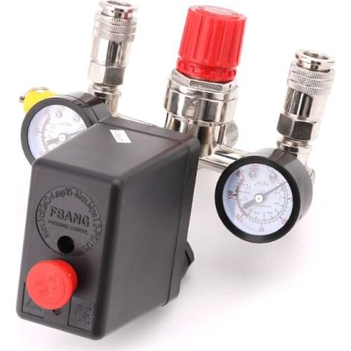 1 Set Air Compressor Pressure Control Switch Valve 0.5-1.25MPa with Manifold Regulator Gauges