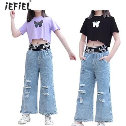 Summer Girls Outfits Children Clothing Hip Hop T-shirt Crop Top + Wide Leg Ripped Jeans Pants 2Pcs Sets Kids Jazz Dance Costumes