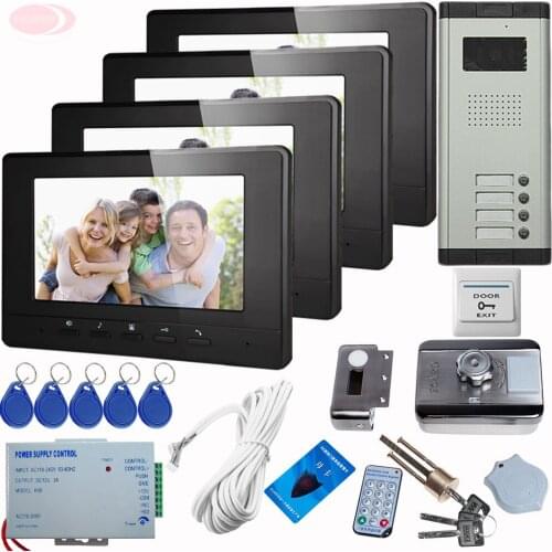 SUNFLOWERVDP Video Doorphone Kit Four Video Intercom+Rfid Unlock Electronic Lock Intercom 7 Inch Video Monitor IR night vision