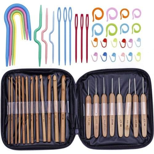 LMDZ 20PCS Bamboo Crochet Hooks Kit Knitting Needles with Cable Stitch Holder Plastic Locking Stitch Maker Weave Craft Tools