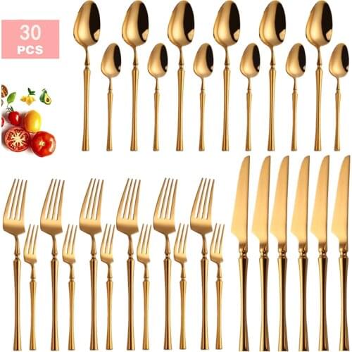 30PCS High Quality Gold Tableware Set 304 Stainless Steel Cutlery Set Dinner Knife Fork Coffee Spoon Kitchen Flatware Fruit Fork