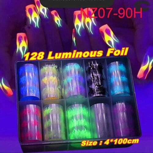 New!!! 10 Models/Box 4*100CM Flame Sky Foils Luminous Nail Sticker Use With Nail Glue Fluorescence Glow in the dark Paper NZ07