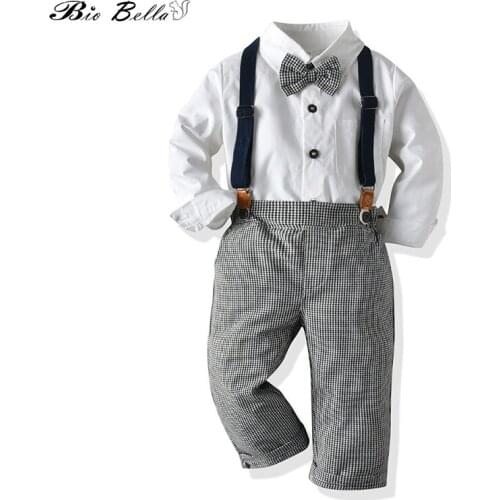 Boys Clothes Wedding Party Costume Gentle Baby Suit British Style Childrens Gentle man Long Sleeve Shirt Plaid Trousers Suit