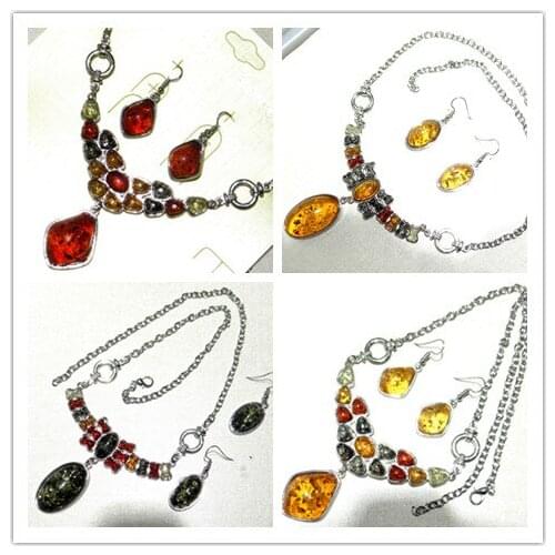 Wholesale Natural Precious Modernist TEARDROP GOLDEN HONEY PRESSED AMBERS NECKLACE Jewelry making earring necklace 1set A6