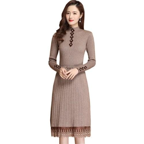 New Autumn Winter Women Knitted Dress Fashion Long sleeve Thicken Bottoming Dress Female Slim Pullover Sweater Long Dresses 3351