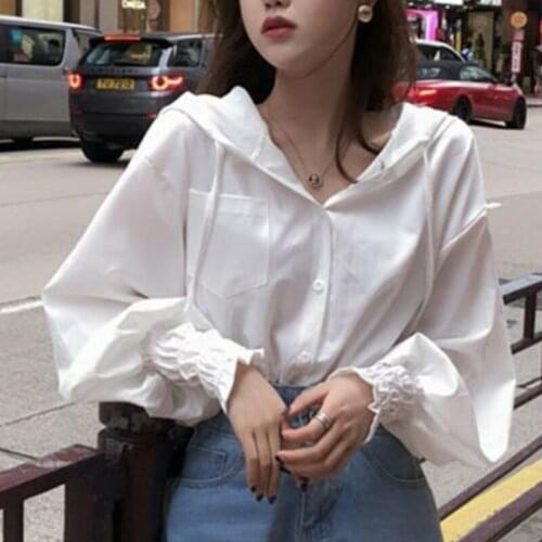 Shirts Women Long Sleeve Hooded Solid Tops Pleated Stretchy Waist Down Button Shirt Pocket Puff Loose Casual Thin Trendy Blouses
