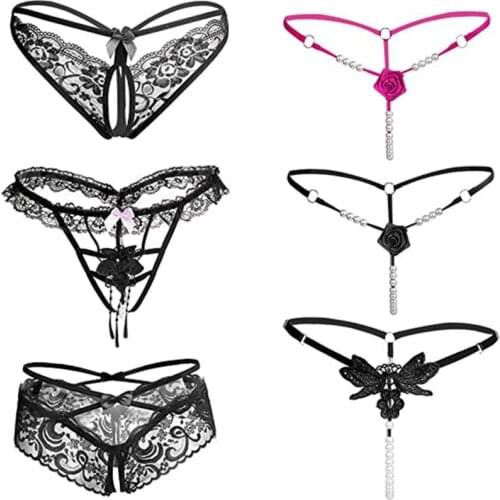 6Pcs/set Sexy Lace Flowers Panties for Women Low Waist G-string Transparent T-back Briefs Underwear Summer Underpants