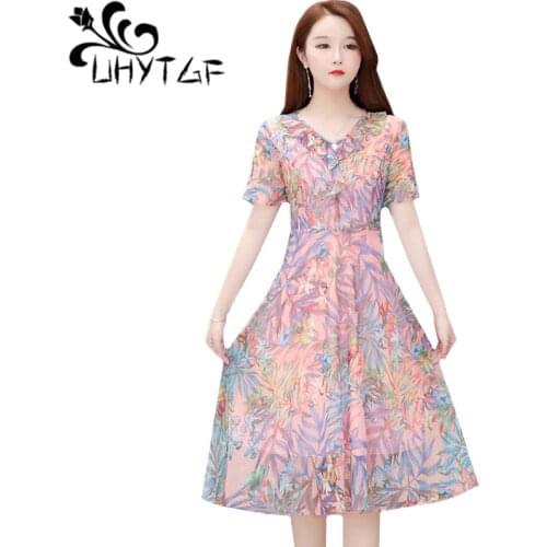 UHYTGF Womens dress fashion short-sleeved chiffon summer dress printed V-neck pullover elegant dresses female 5XL plus size 828