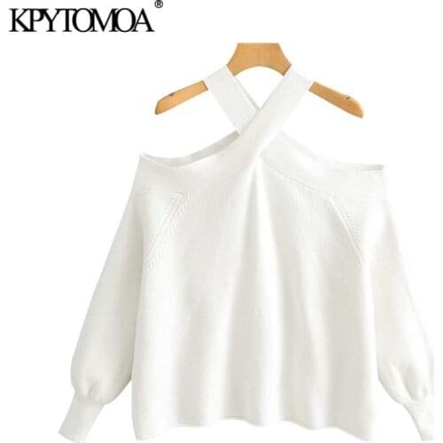 Vintage Stylish Strapless Loose Knitted Sweater Women 2020 Fashion O Neck Long Sleeve Female Pullovers Chic Tops