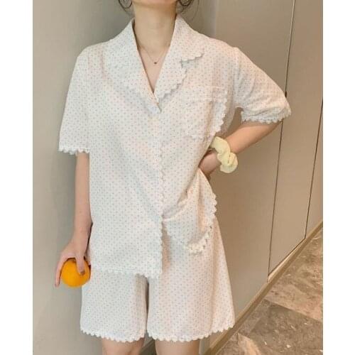 Women Polka Dot Sleepwear Korean Home Suit Summer Pajamas Ladies Lace Pijamas Short Sleeve Pyjamas 2 Piece Set Nightwear