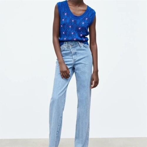 ZXQJ Women 2021 Fashion Flower Decoration Knit Cropped Vest Sweater Vintage V Neck Sleeveless Female Waistcoat Chic Tops