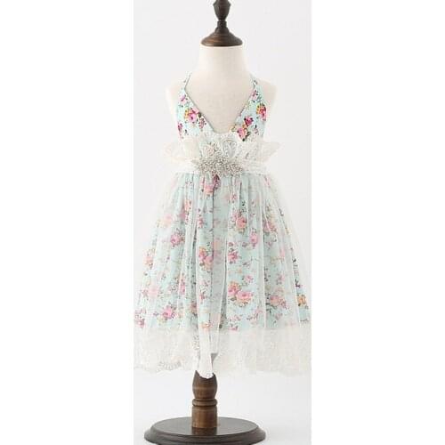 2017 Backless Girls Summer Halter Dresses Princess Flower Print Boutique Costume Wedding Formal Ball Gown with Lace Open Back