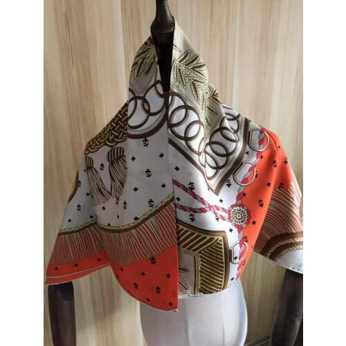 2021 new arrival winter spring classic orange 100% pure silk scarf twill hand made roll 90*90 cm shawl wrap for women lady
