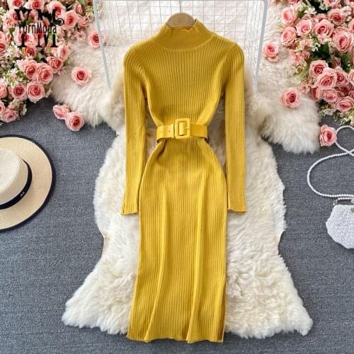 YornMona Stretch Full Sleeve Dress 2021 Autumn Winter New Women Solid Knitted Sweater Dress with Belt Casual Streetwear Bodycon