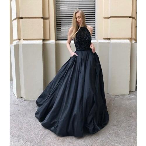 Elegant Long Black Beaded Evening Dresses A-Line Corset Back Court Train Robes De Mariée Party Gowns For Women