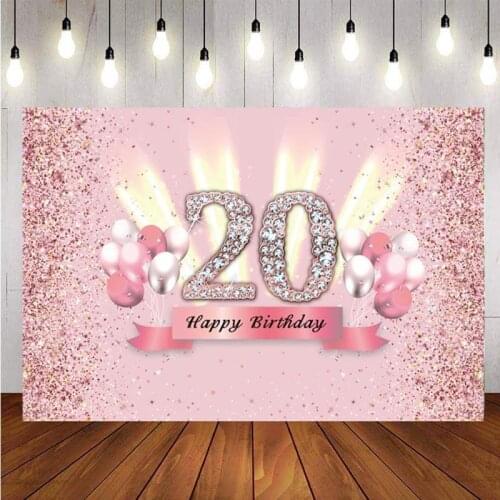 20th Backdrop Pink Balloon Rose Gold Glitter Lady Girls Happy Birthday Party Photo Background Banner Decoration Supplies