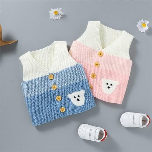 Cute Baby Casual Knitted Single-breasted Vest Autumn Winter Cartoon Bear Jacquard V-neck Sleeveless Cardigan, 0-12Months