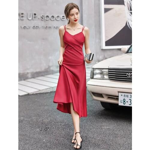 Fashion High Quality Womens Dress Summer Spaghetti Satin Long Woman Dress Temperament Banquet party Dress red dress