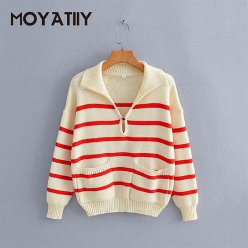 MOYATIIY Fashion Women Autumn Winter Sweater Slim Sport Casual Pullovers Stripe Print Jumper with Pocket Knitting Female Tops
