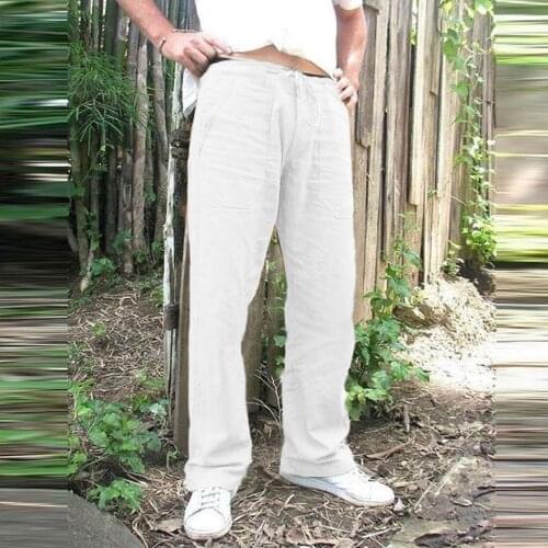 Mens Straight Casual Pants Trousers Solid Drawstring Cotton Soft Summer V3