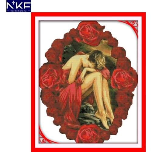 NKF Rose and Beautiful Woman Cross Stitch Needlework Painting Cross Stitch Embroidery Cross Craft Cross Stitch for Home Decor
