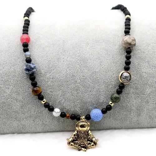 Astronaut Pendant Necklace Women Novelty Jewelry 9 Planets Solar System Rock Lava Stones Beaded Stretchy