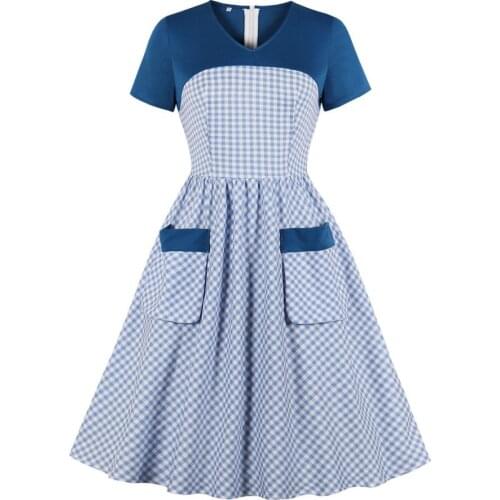 Summer Short Sleeve Plaid Dress SP0603 50s 60s Retro Inspired Swing Rockabilly Vintage Dress with Pockets