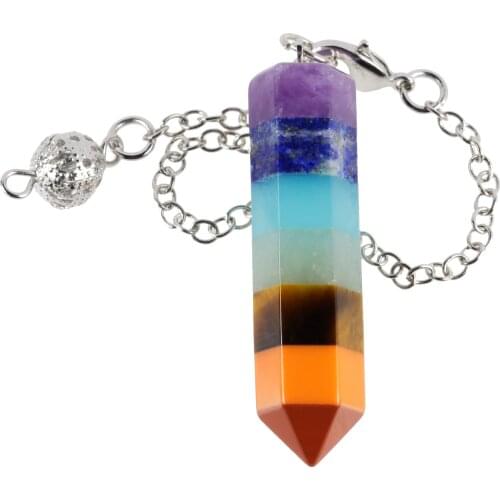TUMBEELLUWA 7 Chakra Stone Hexagon Prism Pendulum for Divination,Healing Crystal Point Pendant with Chain Reiki Dowsing Jewelry