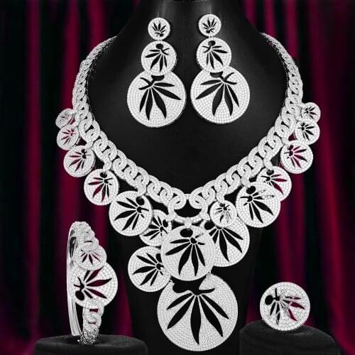 Gorgeous Brand New Luxury Exclusive Leaf Necklace Bangle Earrings Ring Jewelry Set for Bridal Wedding Women Noble Show Jewelry