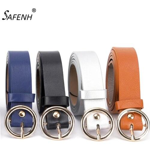 Female Round Metal Circle Belt Black White PU Leather Waist Belts For Women Jeans Pants