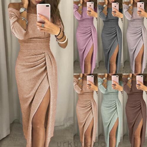Women Off Shoulder Long Sleeve Bodycon Ladies Evening Cocktail Party Long Dress