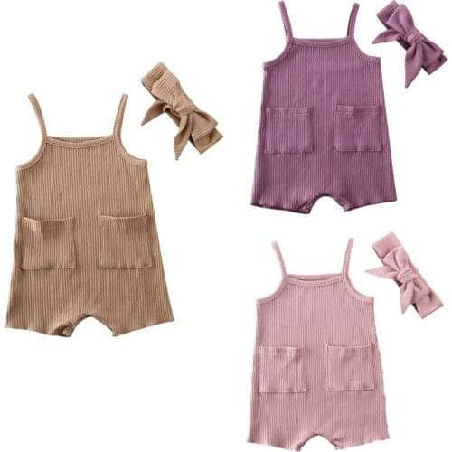 2020 Baby Summer Clothing Newborn Baby Boy Girl Sling Bodysuit Jumpsuit Sleeveless Outfit Ribbed Solid Pocket Jumpsuit Clothes