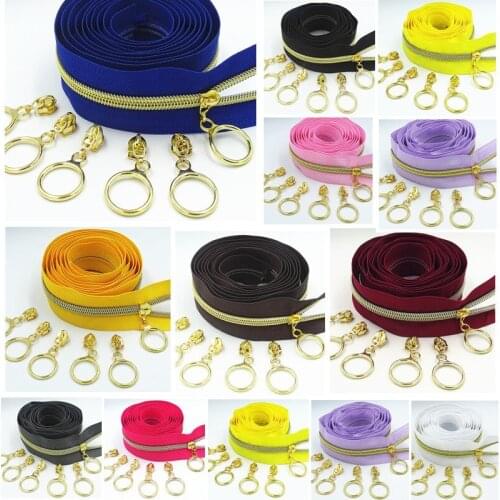5M 10Pcs Slider 5#Colored Golden Tooth Nylon Zipper Coil Code Decoration Luggage Garment Purse Bags DIY Home Sewing Accessories