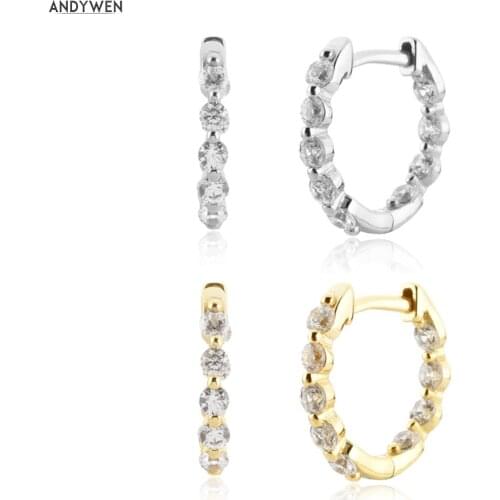 ANDYWEN New 925 Sterling Silver Gold Two Zircon Pave Huggies Piercing Rock Punk Clips Hoops Earring Circle Women Jewelry
