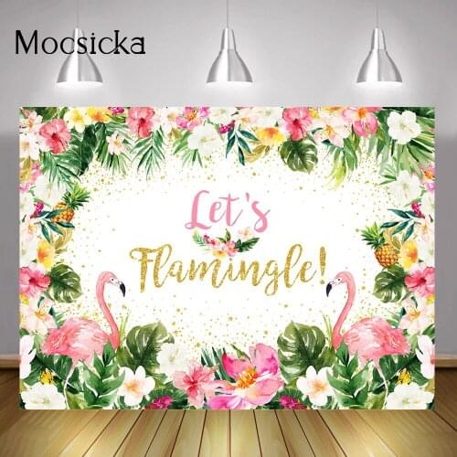 Lets Flamingle Birthday Background Summer Tropical Flowers Green Leaves Photo Backdrop Floral Flamingo Pineapple Photography