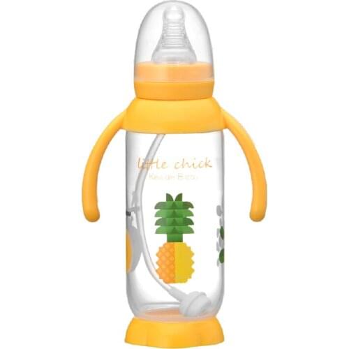 Children handle silicone nipple cartoon heat-resistant shatter-proof 240ml PP learn drinking baby bottle on sale KD1121