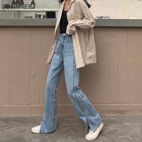 Jeans Women Blue Trendy All-match Daily Washed Full Length Baggy Ins Straight Streetwear Autumn 2021 Teenagers Popular Side Slit
