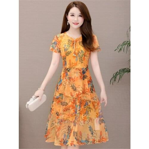 Elegant Plus Size Chiffon Floral Short Sleeve A-line Pink Orange Holiday Dresses Women Vestidos Ropa Mujer 5XL