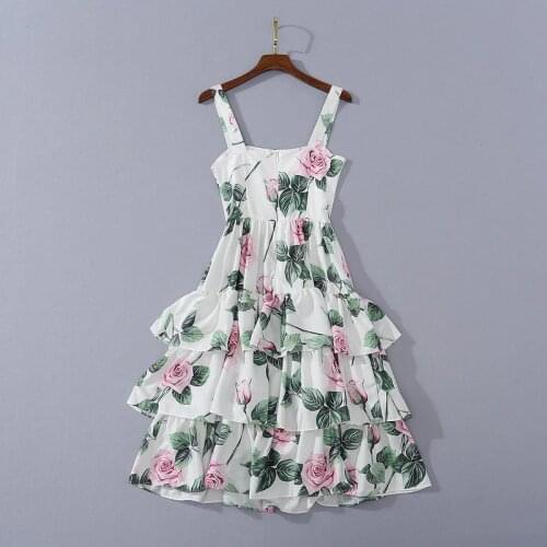 And American womens European wear 2021 summer new style Condole belt Rose printed Fashion flounce cake dresses