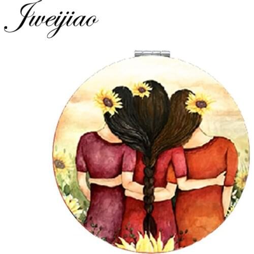 JWEIJIAO Sunflowers long hair Sisters Folding Round Mini 1X/2X Magnifying Mirror Love Gilrs PU Leather Makeup Mirror