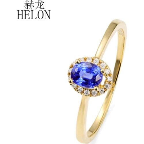 HELON Solid 14K Yellow Gold/White gold Natural 0.3Ct Sapphire Genuine Diamonds Party Anniversary Ring Bands Gift Trendy Jewelry