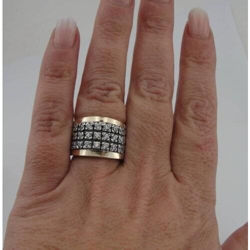 Vintage Two Tone Three Lines White Stone Wide Ring For Women Men Wedding Party Banquet Retro Anniversary Jewelry T4M861