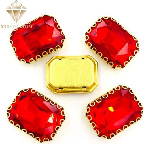 NEW Hot 8X10/10X14/13x18mm sew on rhinestones Red Rectangle gold base lacy shape claw glass crystal rhinestones Diy accessories