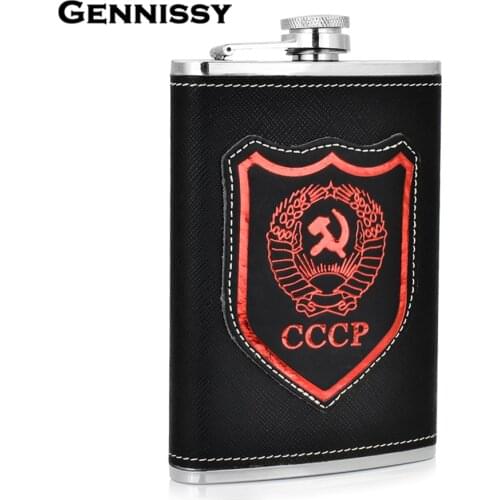 GENNISSY Stainless Steel 9 Oz Mini Hip Flasks Classic Red CCCP Design Pattern Leather Whiskey Flask Convenient Men Flagon