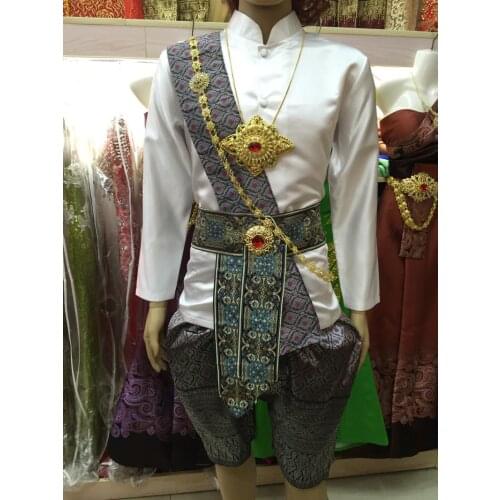 Thailand Traditional Clothing for Men Stand Collar Long-sleeved White Tops Bloomers Photography Songkran Festival Costume Thai