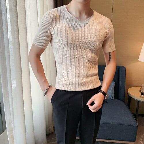 New Knitted T Shirt Men 2021 Summer British Style V-neck Tops Tees Fashion Casual Tops Tees Solid Color Bottoming Male Clothing