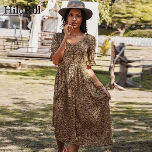 HiloRill Women Boho Printed Midi Dress With Pockets 2021 Summer V Neck Button Up Beach Dress Ruffle Short Sleeve Causal Dresses