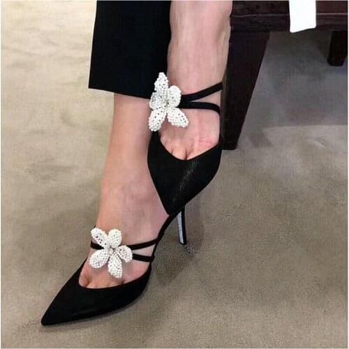 Luxury String Bead Decor High Heel Mulsed Pointed Toe Black Low Cut Womem Shoes High Heeled Shollow Strap Banquet Dress Shoes